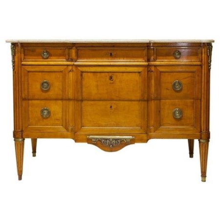 19th Century French LXVI Style Fruitwood, Breakfront Commode with Cream Marble Top